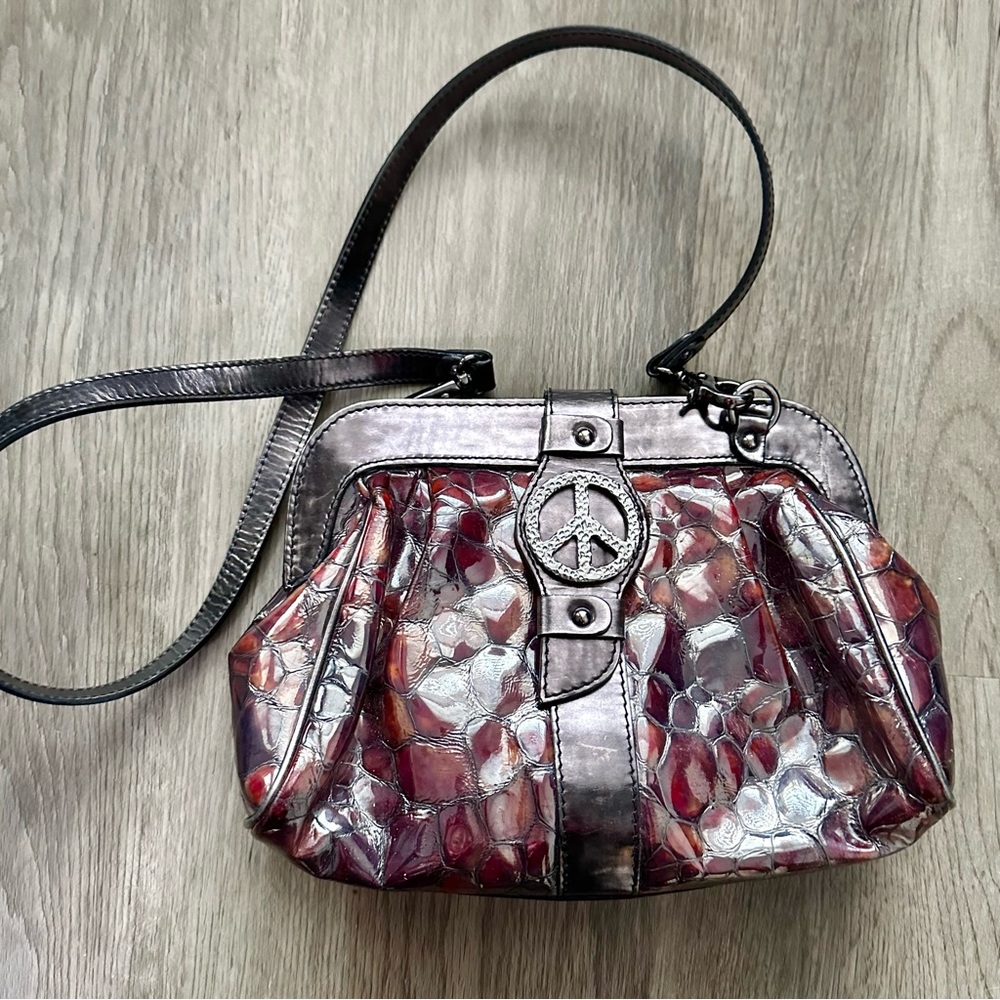 Donald J Pliner Couture Patent Leather Bag Peace Sign Purse Deep Red Silver
